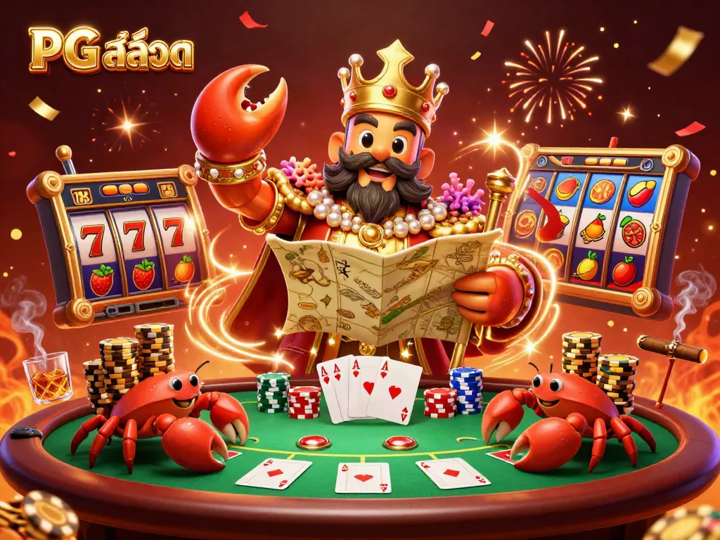 Engaging PG สล็อต illustration featuring a golden crab emperor with treasure map and slot elements in action.