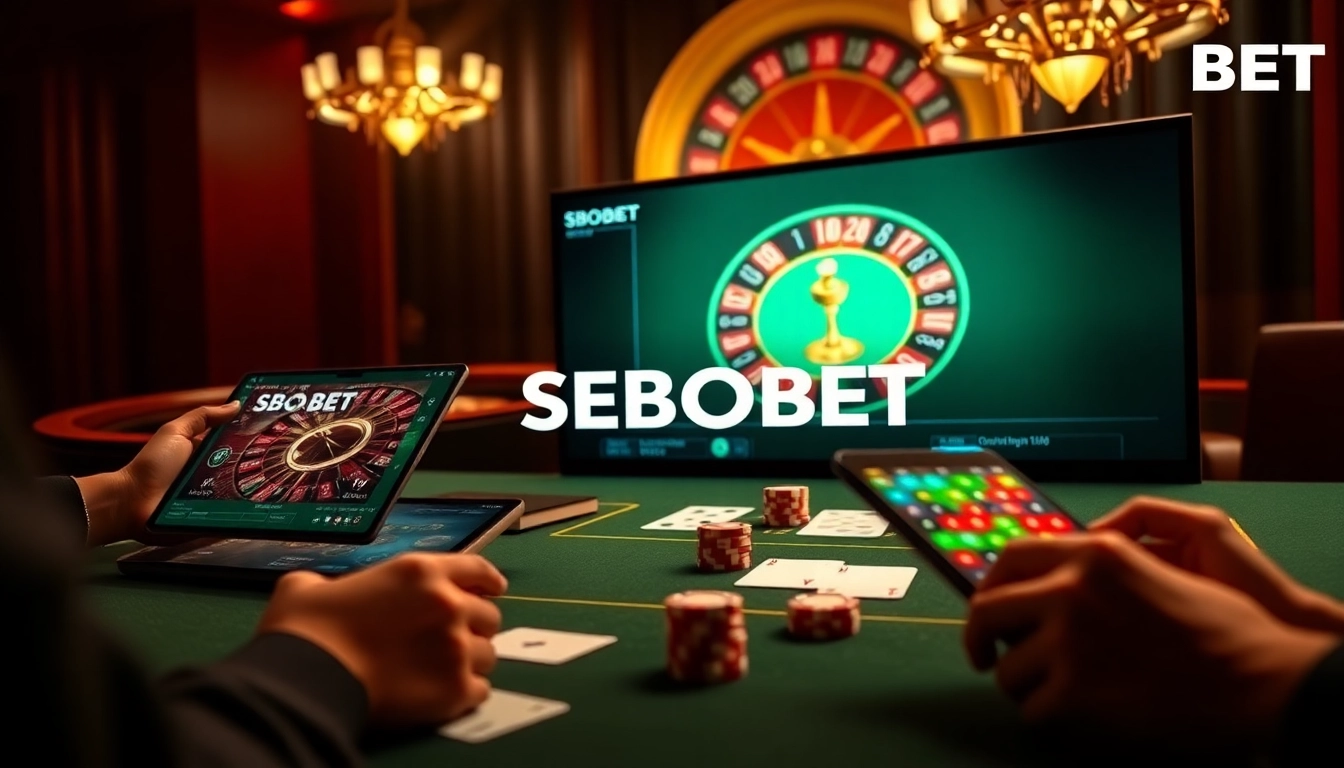 SBOBET online gaming with a luxurious casino table, poker chips, and a roulette wheel backdrop.