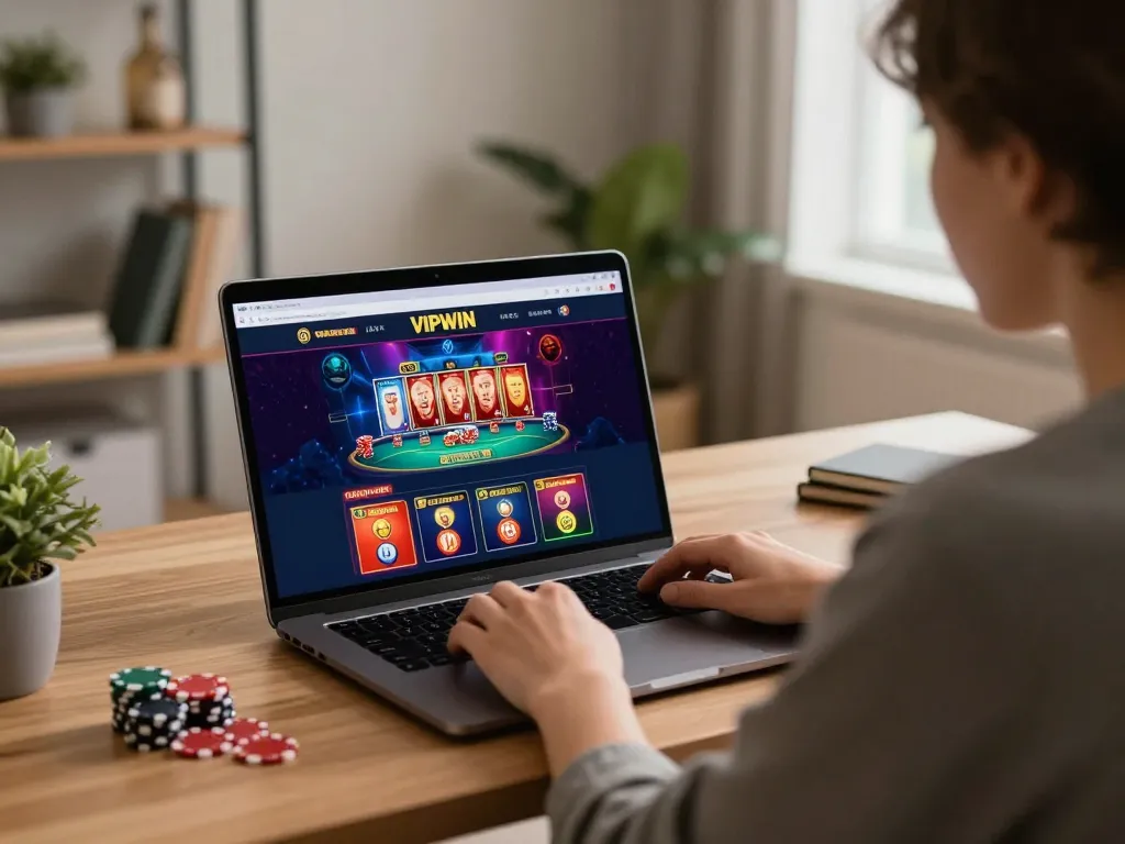 Engaging player using VIPWIN app on laptop, showcasing responsible gaming strategies.