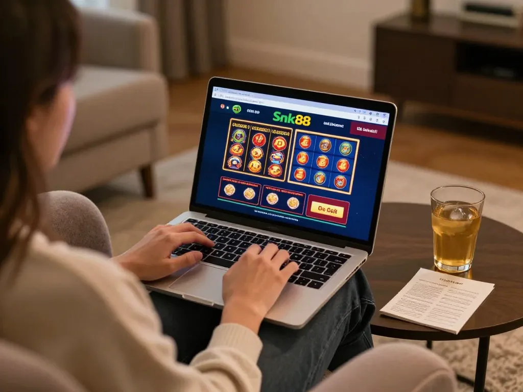 Player enjoying the snk88 online casino experience at home with laptop and gaming setup.