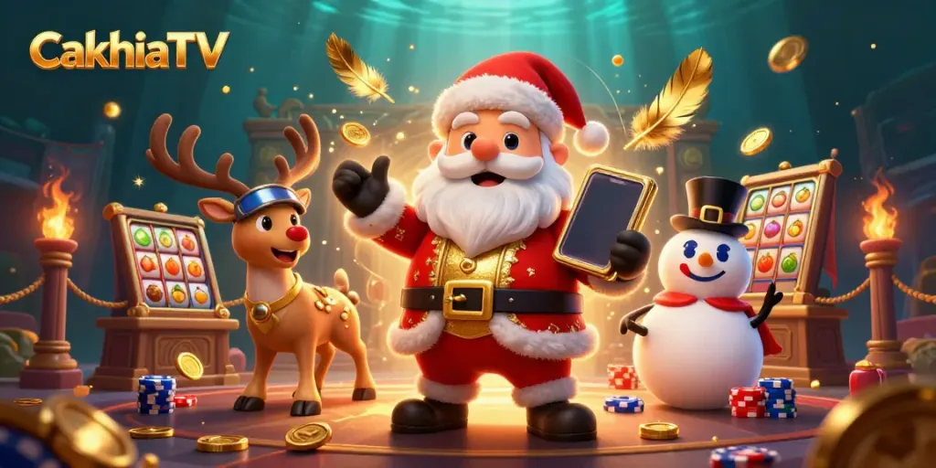CakhiaTV showcases a festive scene highlighting a Santa character with gambling elements emphasizing joyous gaming experiences.