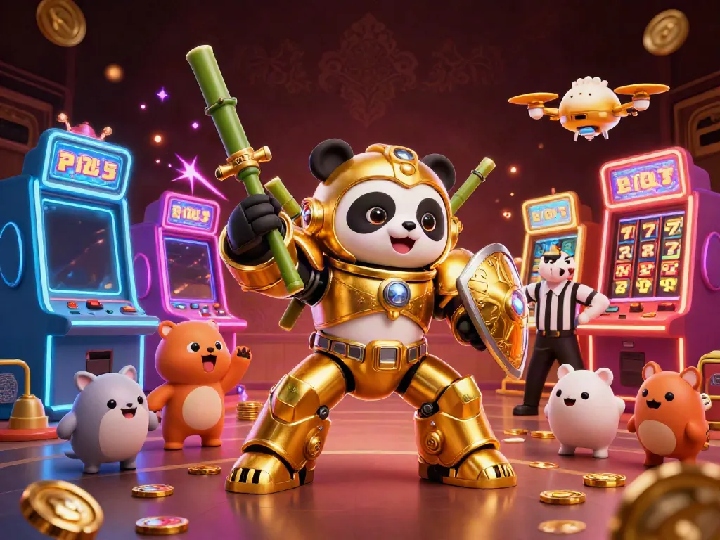 Memainkan situs slot dengan robot tempur imut, terlihat mesin slot cerah di sekitarnya