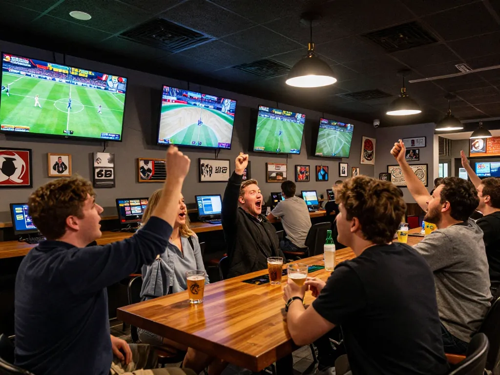Friends celebrating a win while placing bets on Fun88 at a lively sports bar.