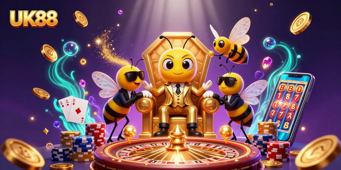 UK88 scene depicting a bumblebee mob boss commanding wealth with sparkling gems and casino elements.