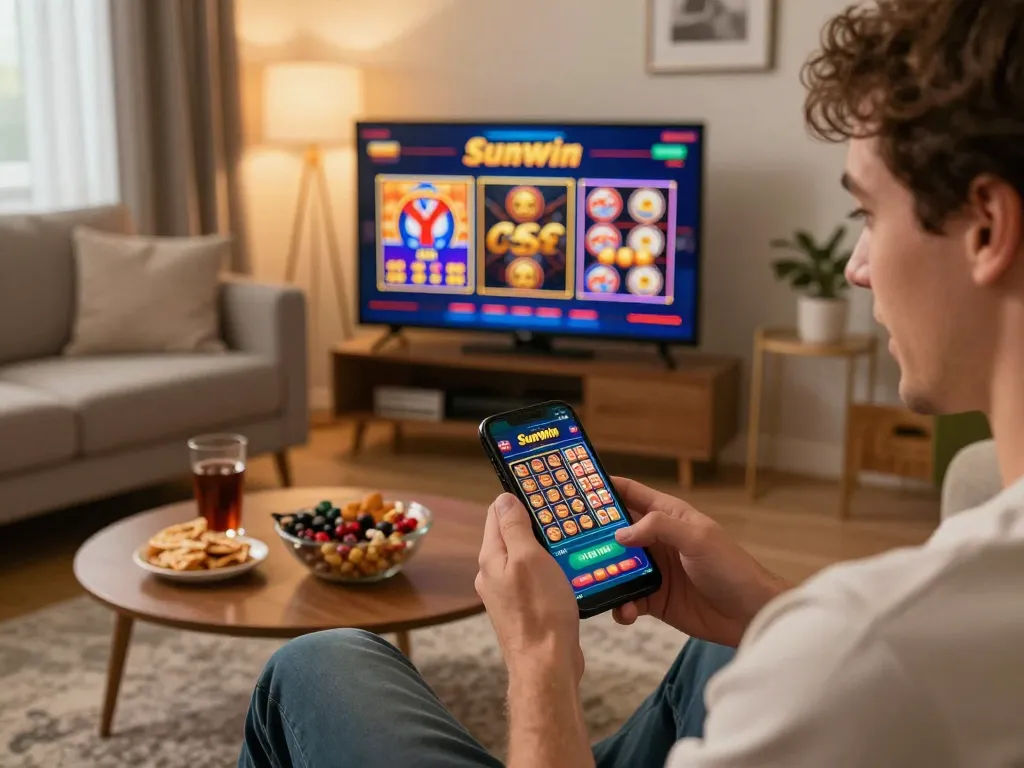 Sunwin player enjoying online casino games on smartphone in a cozy living room.
