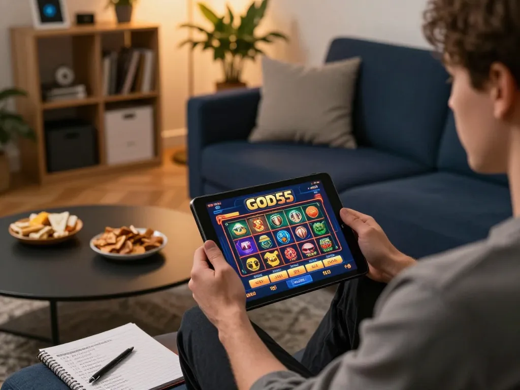 Engaging home gaming moment with a user accessing God55 casino on a tablet in a cozy setting.