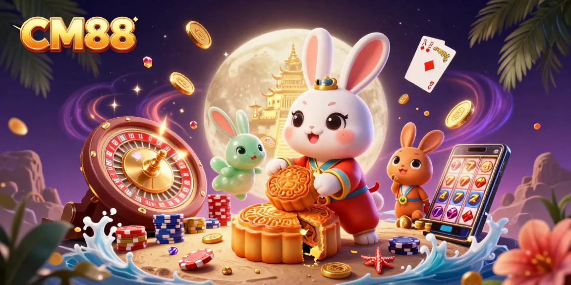 CM88 captures the thrill of gaming with a moon rabbit throwing poker chips amidst golden coins and vibrant casino elements.