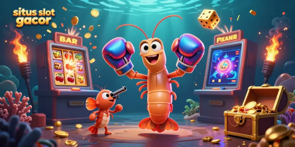 Gambar situs slot gacor dengan karakter udang mantis dan simbol permainan yang menarik.