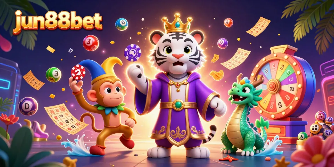 Experience thrilling gameplay with jun88bet's vibrant casino illustration featuring a joyful tiger and lively monkey.