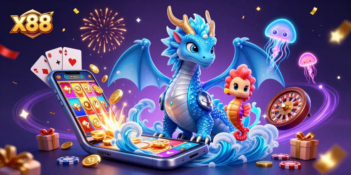 x88 players embark on an epic journey with dazzling 3D casino scenes filled with slot machines and magical creatures.