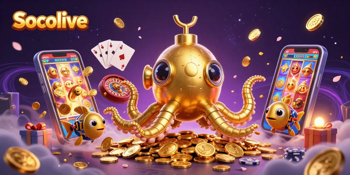 Socolive displays a vibrant underwater casino scene with a golden kraken submarine, slot games, and colorful coins.