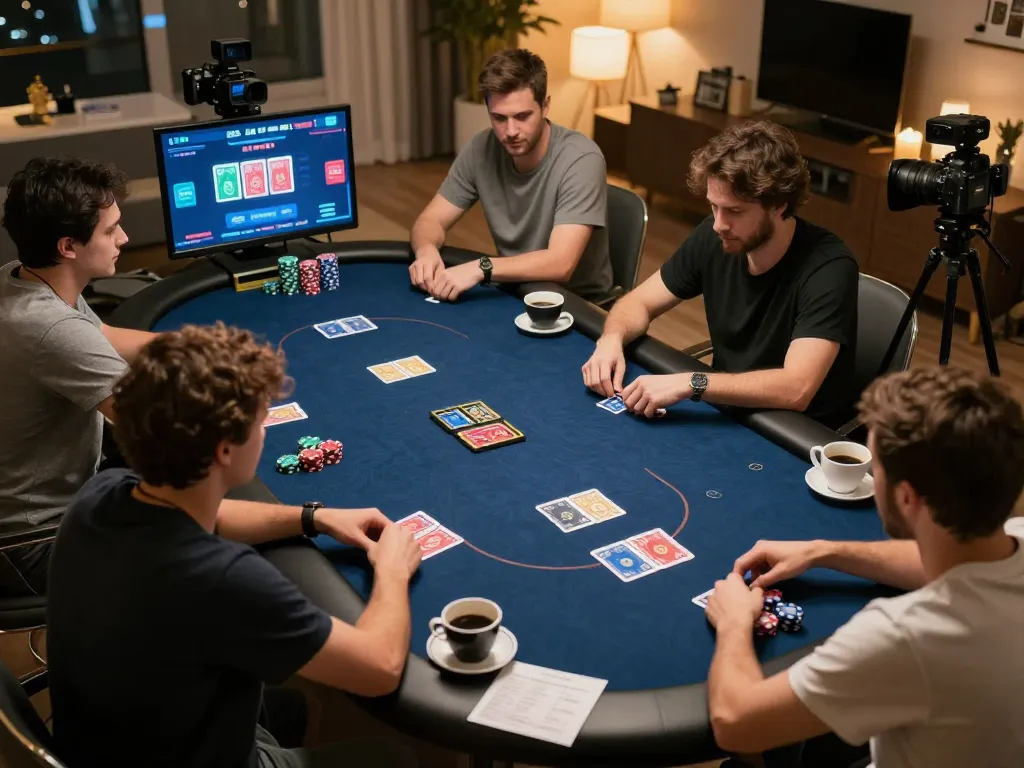 Engaged players at home using nego77 for an exciting online poker game with strategy notes visible.