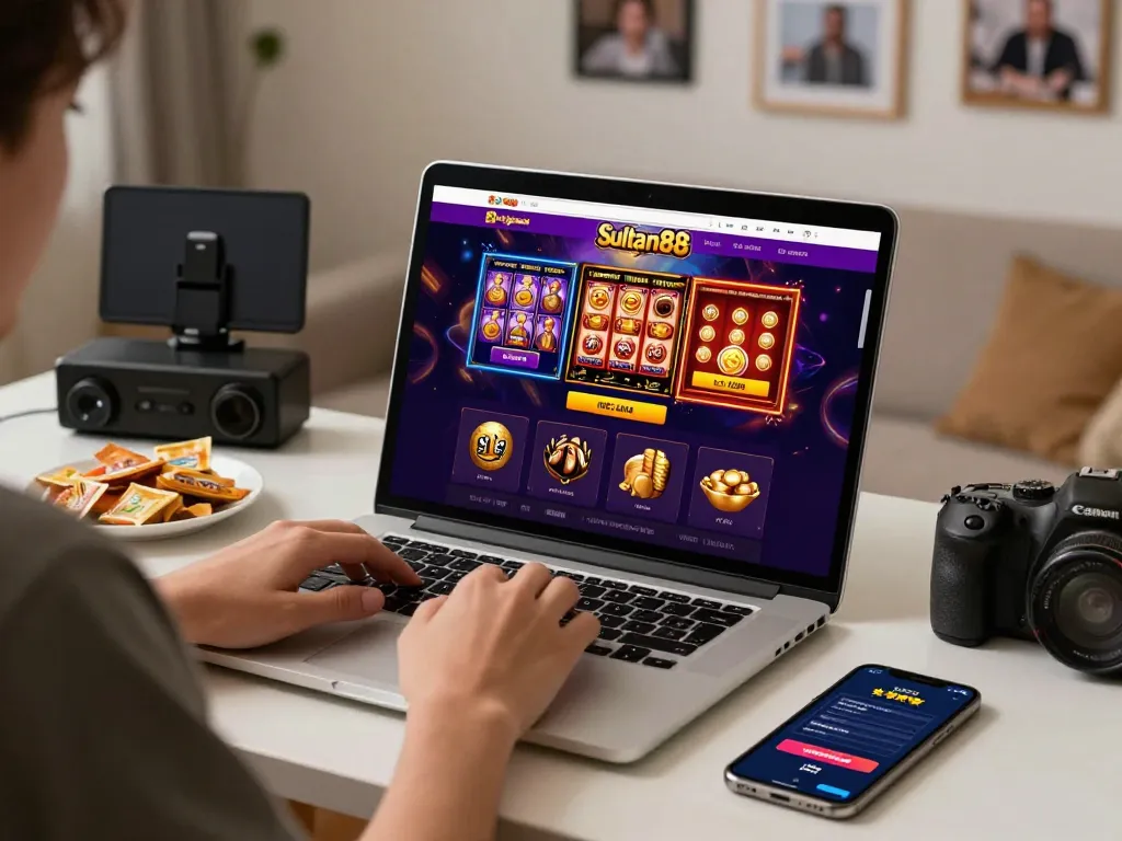Engaging online gambling moment on Sultan88 platform with vibrant games and cozy setting.