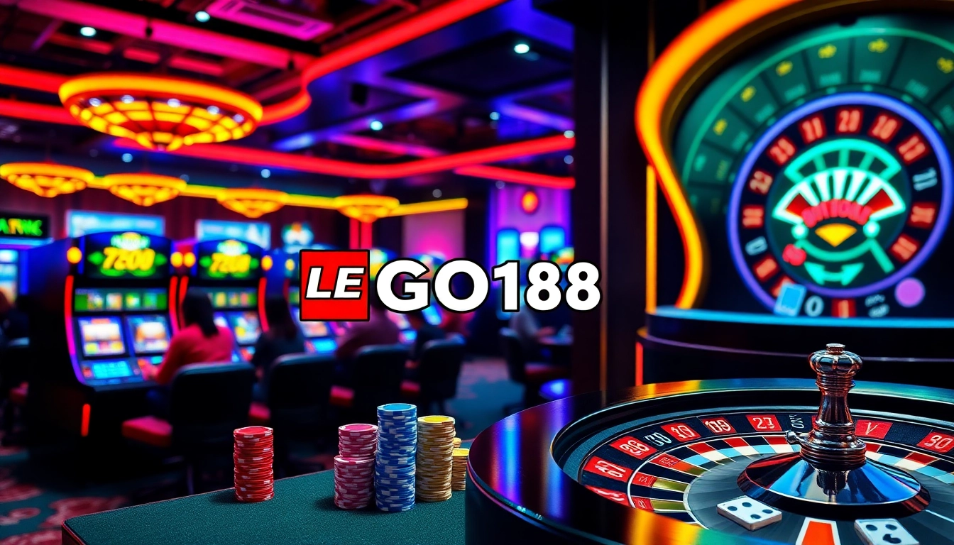 Exciting casino scene showcasing LEGO138 daftar slot machine with players and colorful poker chips.