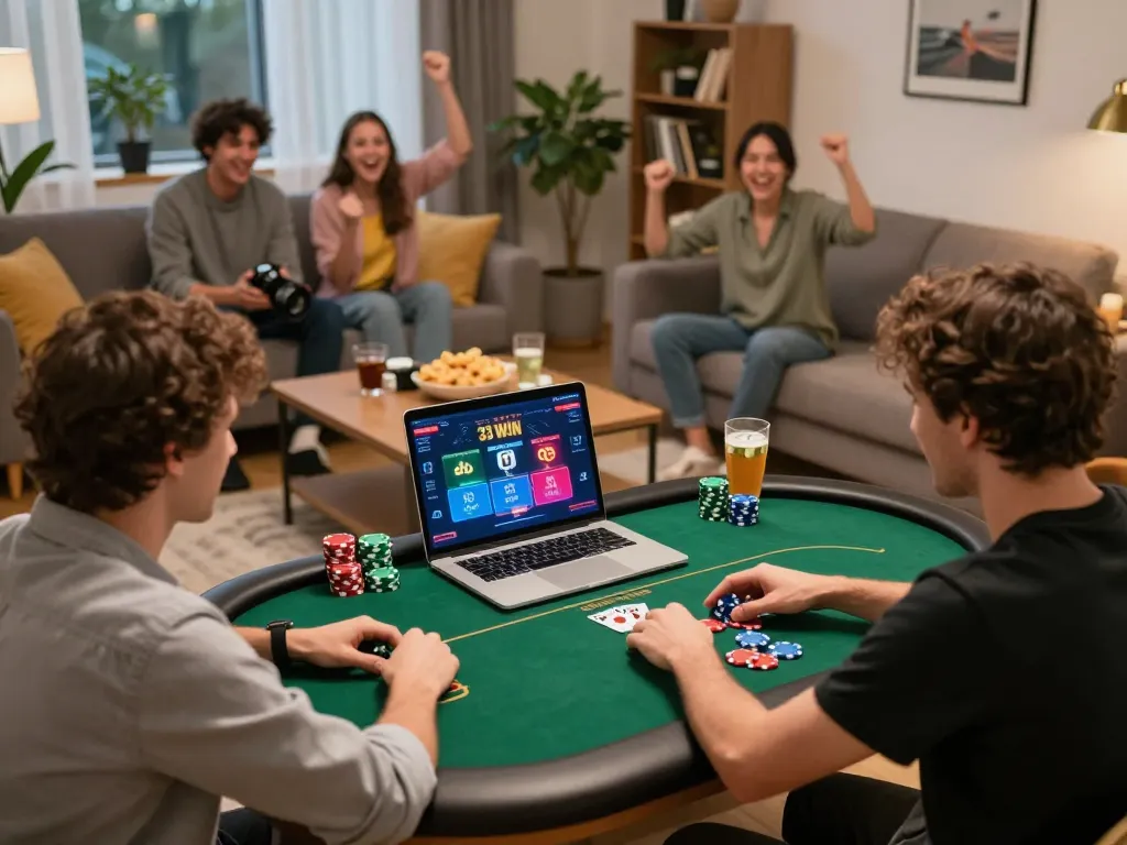 Player enjoying a thrilling session of 33 WIN poker online in a cozy living room setting.