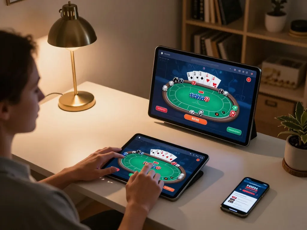 Engaging experience with SC88 online casino on a tablet at home, showcasing vibrant poker gameplay.