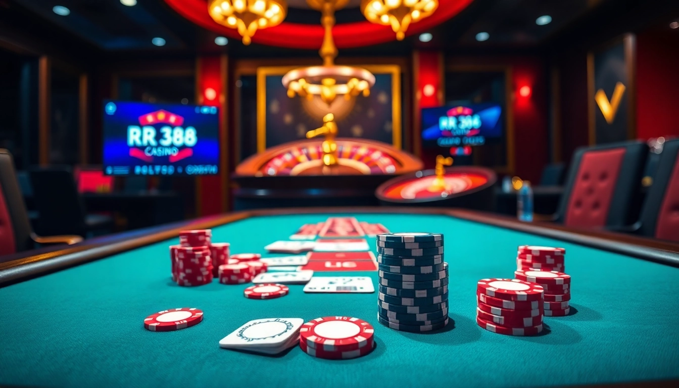 Play exciting games at RR 88 casino with vibrant poker chips and a roulette wheel.