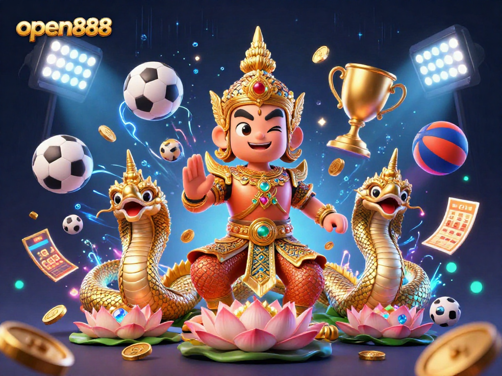 Experience open888's thrilling sports betting environment with vibrant characters and dynamic elements.