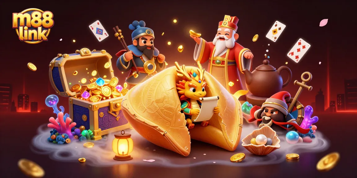 Bet on m88 link with vibrant casino-themed illustration featuring a golden fortune cookie and dragon.