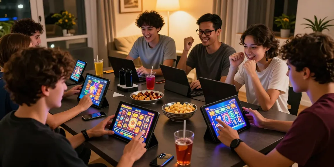 Friends enjoying cocomaya lists them while playing Bonus Buy Slots on tablets in a lively gaming environment.