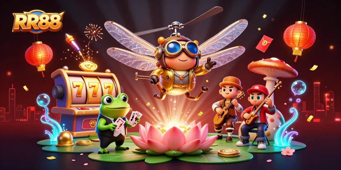 Experience the excitement of RR88 with a vibrant casino scene featuring a dragonfly pilot, frog dealer, and lively jazz musicians.