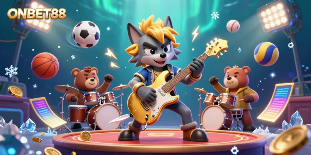 Experience ONBET88's thrilling casino atmosphere with a rock star wolf and dynamic characters.