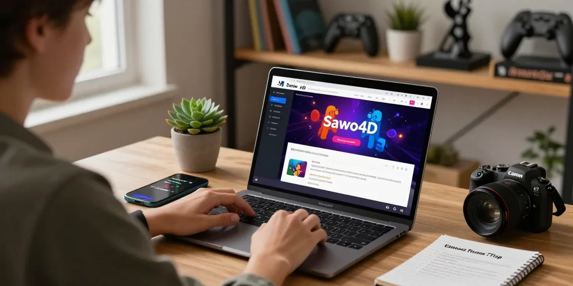 Sawo4D alternatif platform access in a cozy home office with user engaging on laptop and smartphone, emphasizing safety and convenience.