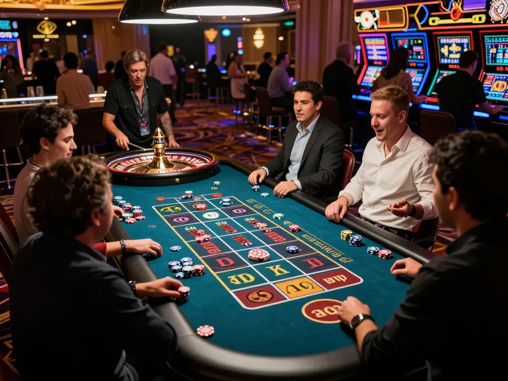 Players strategizing around a Go 88 roulette table in a vibrant Vegas casino.