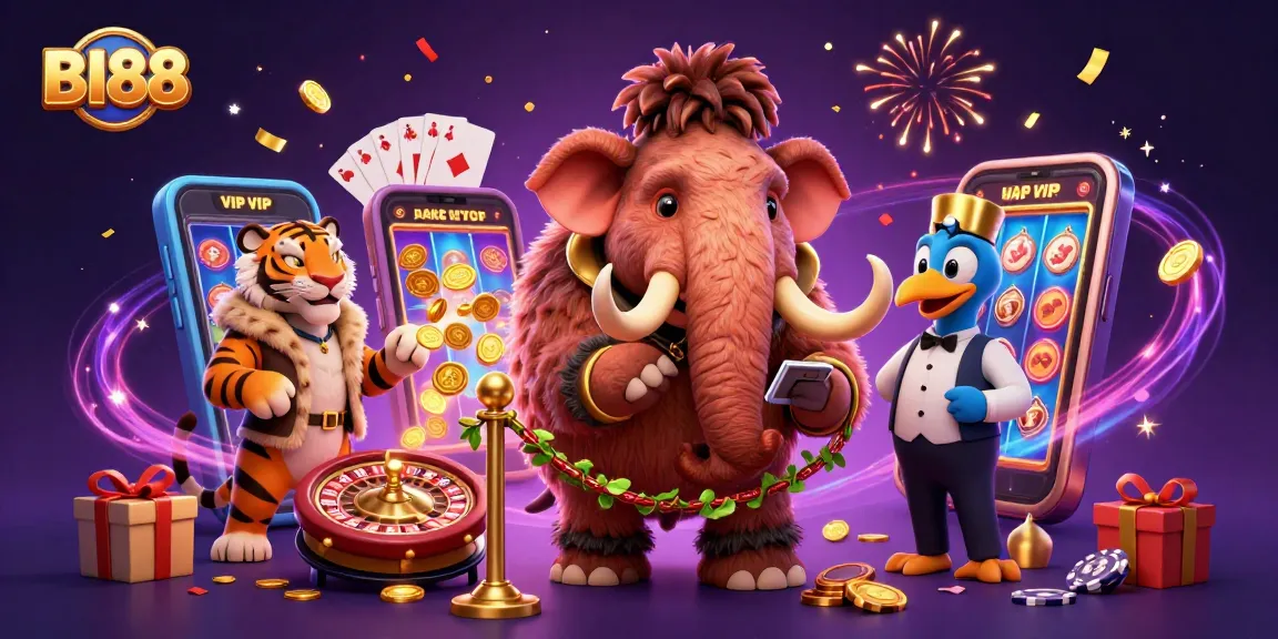 Witness the excitement of BI88 with a vibrant casino scene featuring colorful games and charming characters.