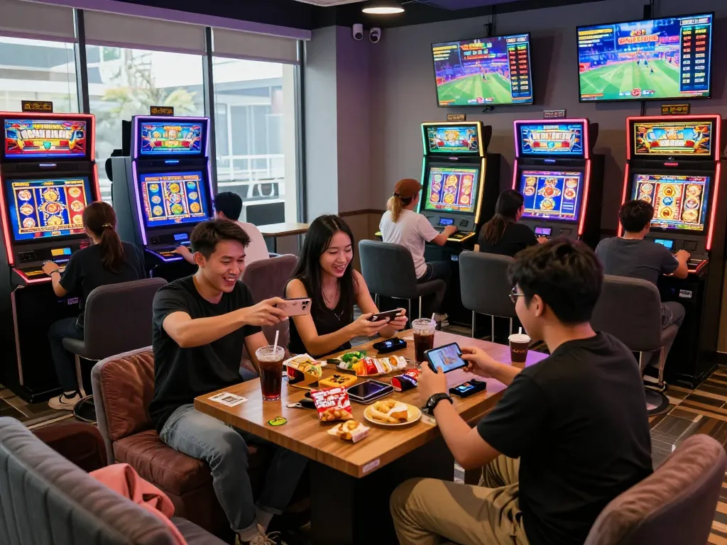 Engaging gaming scene showcasing friends enjoying situs gacor online slot games in a vibrant lounge.