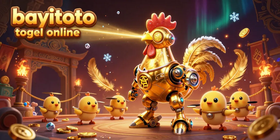 Experience thrilling gameplay with bayitoto togel online featuring a golden rooster robot and baby chick drones in an exciting casino atmosphere.