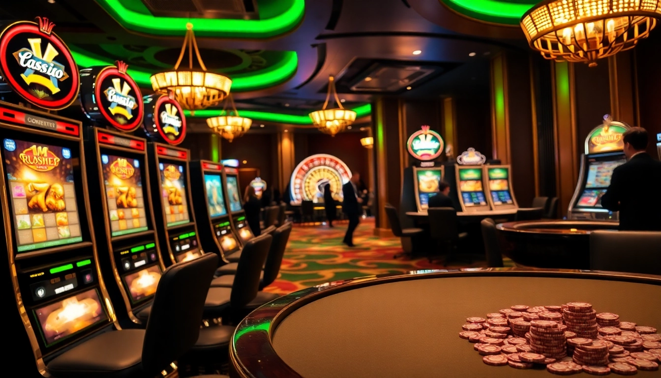 Engage in thrilling IDN slot action at a luxurious casino filled with vibrant slot machines and bustling players.