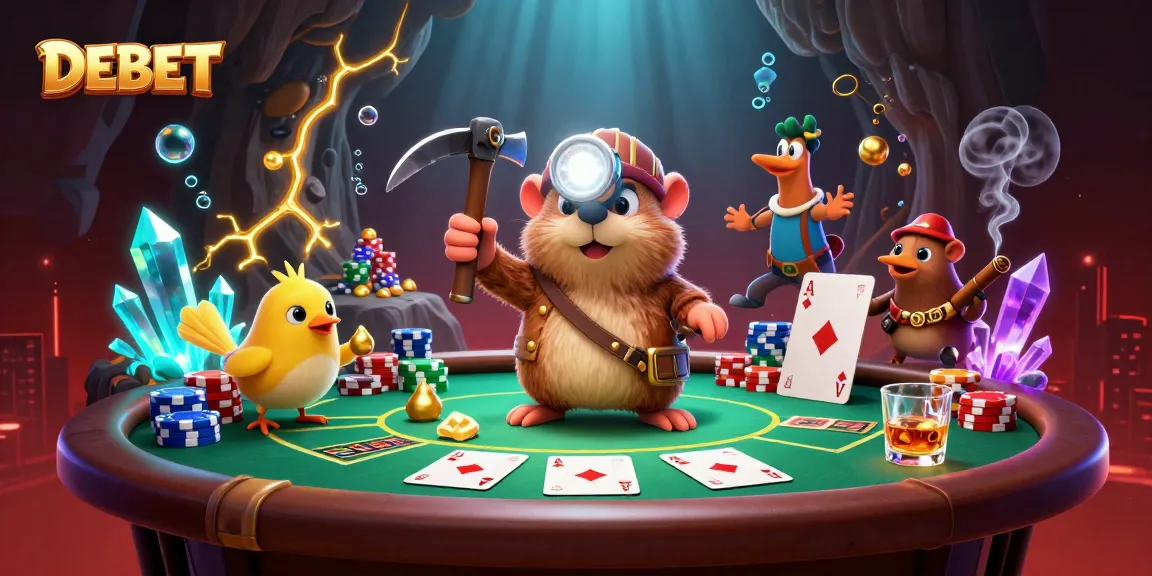 DEBET showcases 3D treasure hunter mole at a dynamic poker scene with cascading gaming elements.