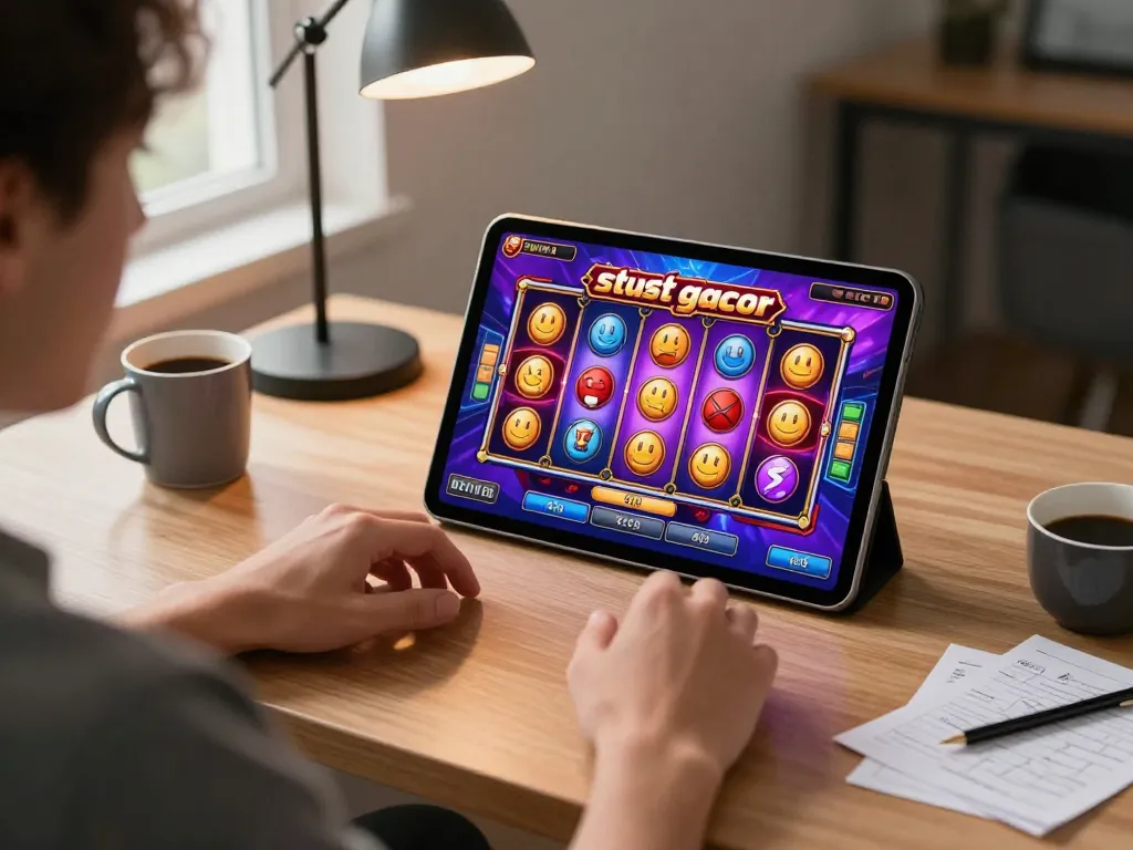 situs slot gacor gameplay on tablet screen with colorful slot machine interface and personal gaming setup