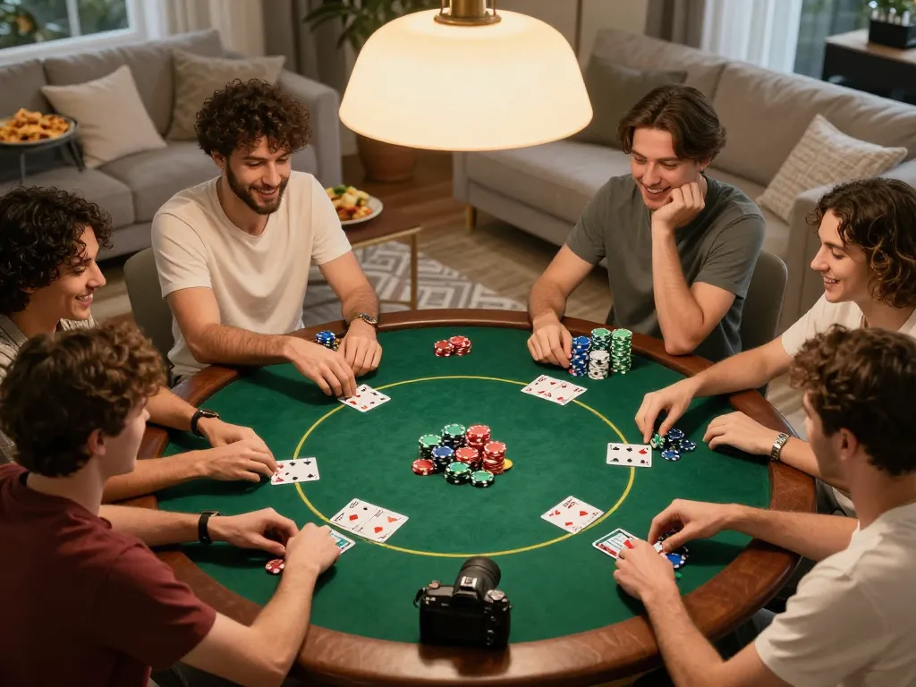 gathering friends for poker night at home featuring gen-e gameplay with vibrant chips and cards