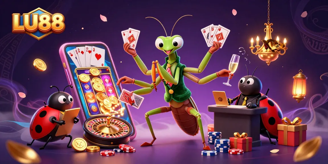 LU88's vibrant casino atmosphere with cartoon mantis and ladybug characters.