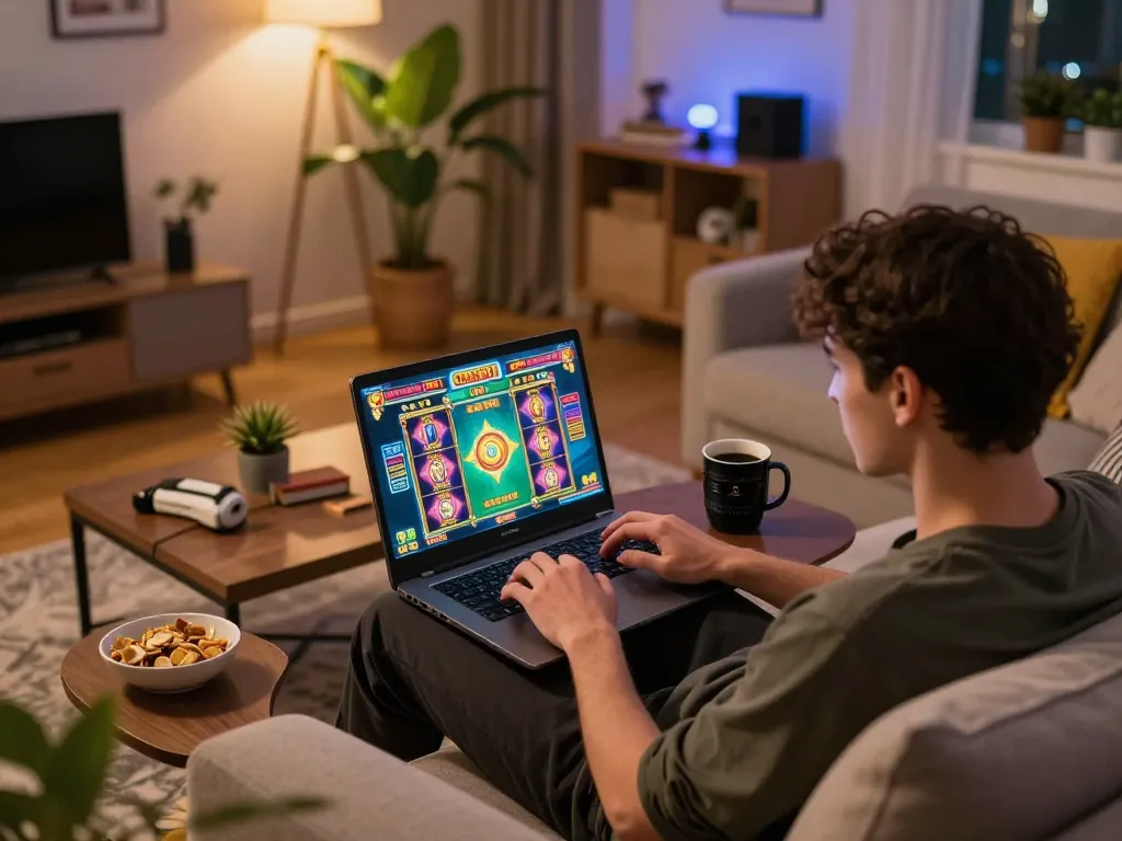 Engaging player enjoying Canada online casinos through vibrant laptop screen while gaming at home.