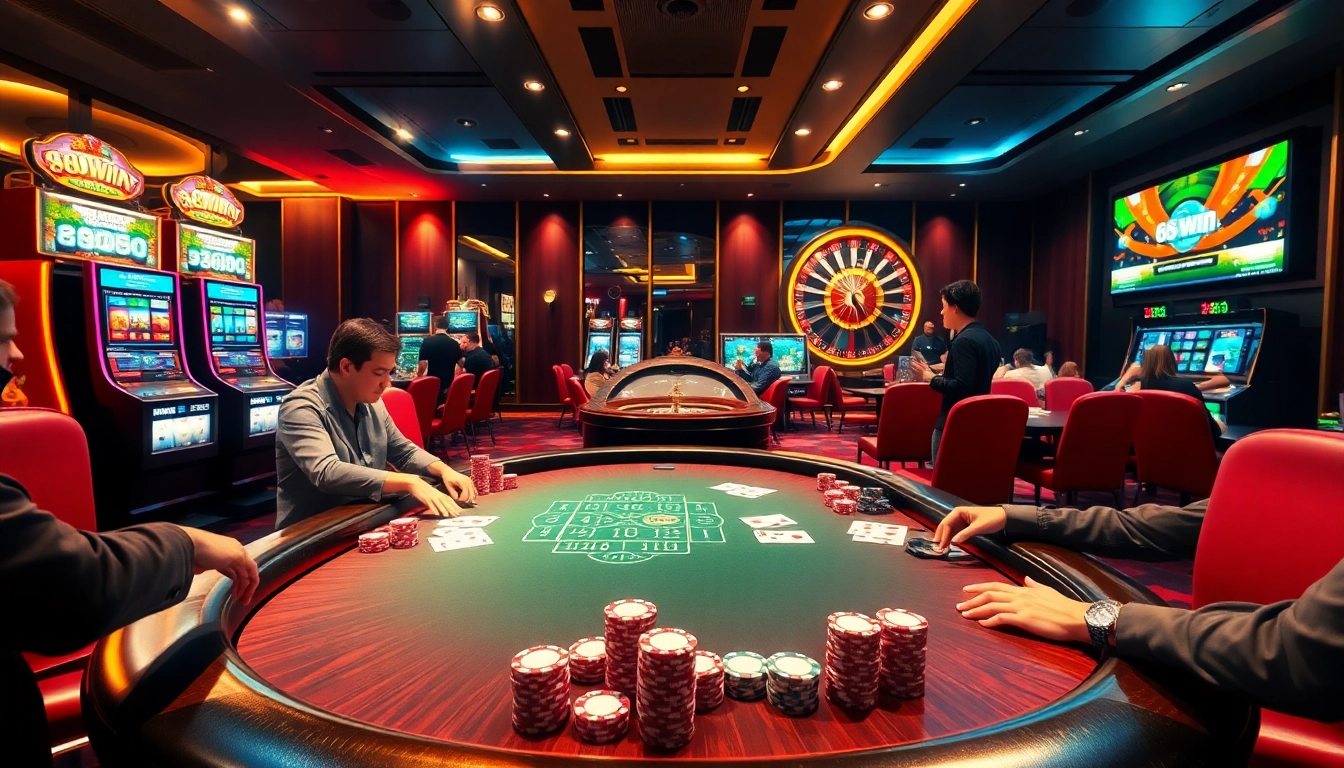Exciting players engaging at a luxurious poker table with chips and cards at 68win casino.