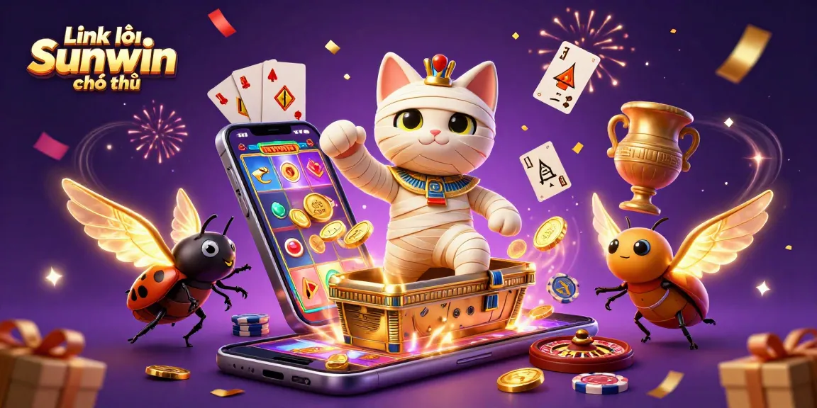 Experience the excitement of gambling with Link vào Sunwin chính thức featuring a vibrant scene of a mummy cat and a scarab beetle casino.