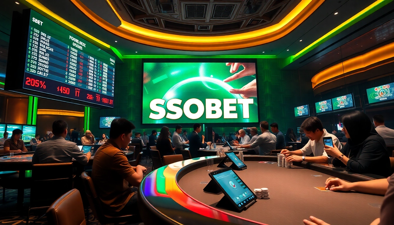 SBOBET offers a vibrant betting atmosphere with excited bettors engaging in sports betting.