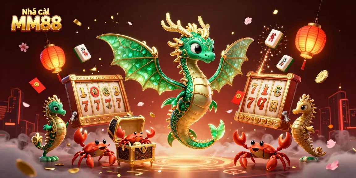 Engage with Nhà cái MM88 through vibrant 3D casino scenes showcasing treasures, games, and festive elements.