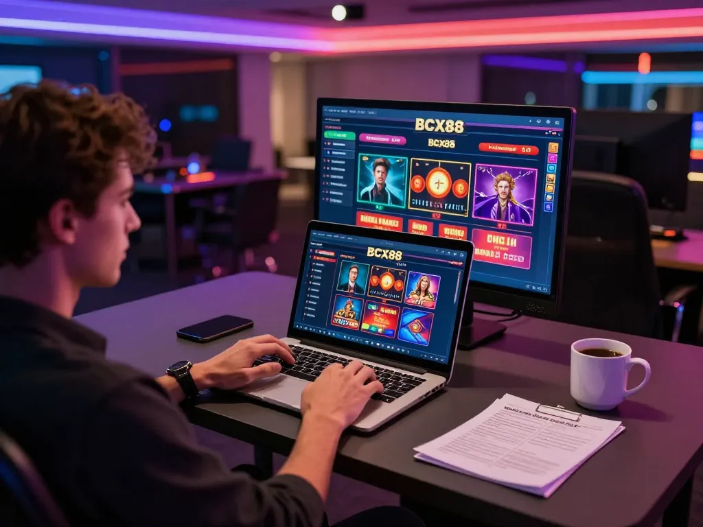 Player engages with BCX88 online casino interface from a stylish home setup, showcasing responsible gaming.