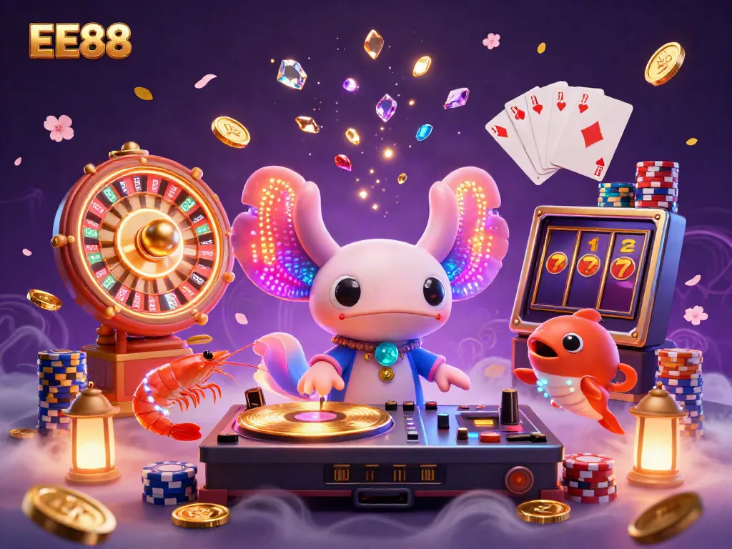 Experience gaming with EE88, featuring a vibrant axolotl DJ and dynamic casino elements.