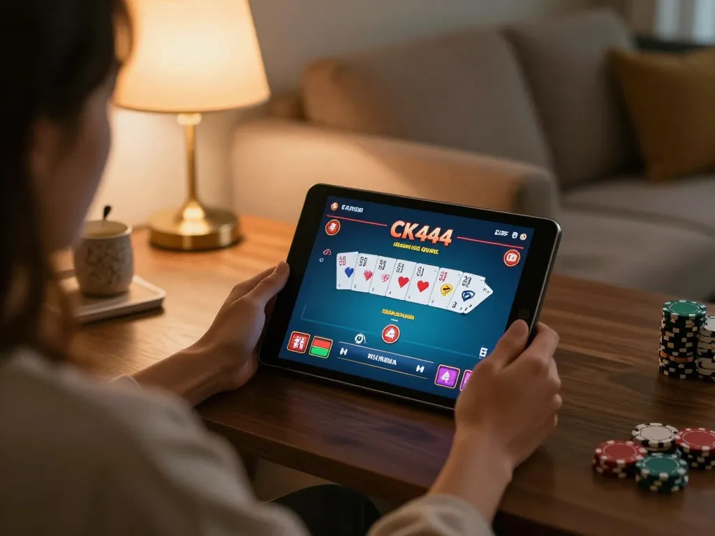 CK444 online poker player planning strategies in a cozy home setting with tablet