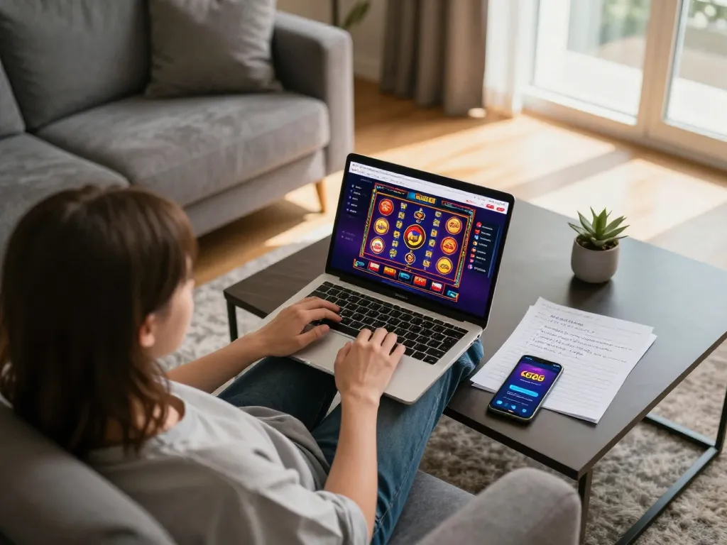 Engaging online gaming scene with a user accessing GG88 casino platform on a laptop, showcasing a cozy and strategic gaming atmosphere.