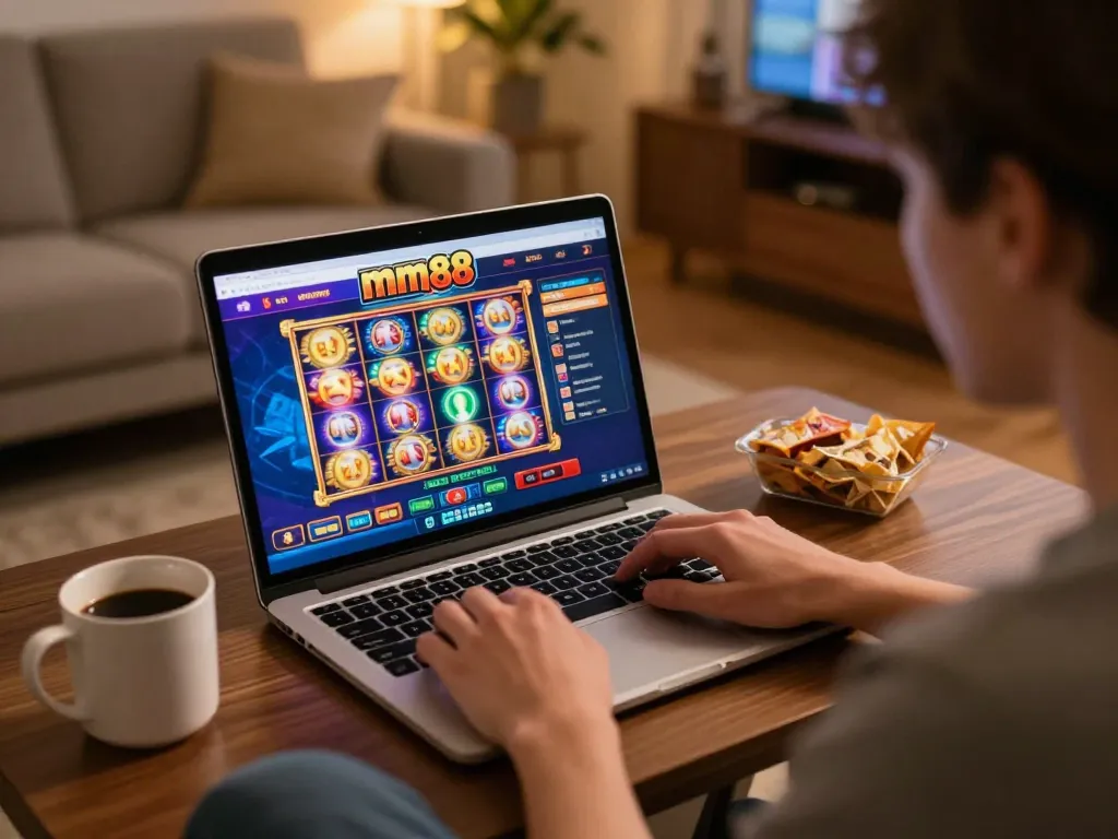 Engaging with mm88 online casino gameplay, showcasing dynamic slot animations and cozy home atmosphere