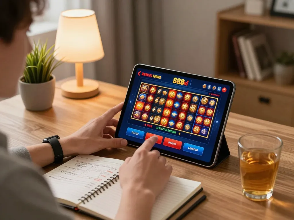 Player enjoying gaming with 888vi app on tablet in cozy home setting, emphasizing strategic online gambling.