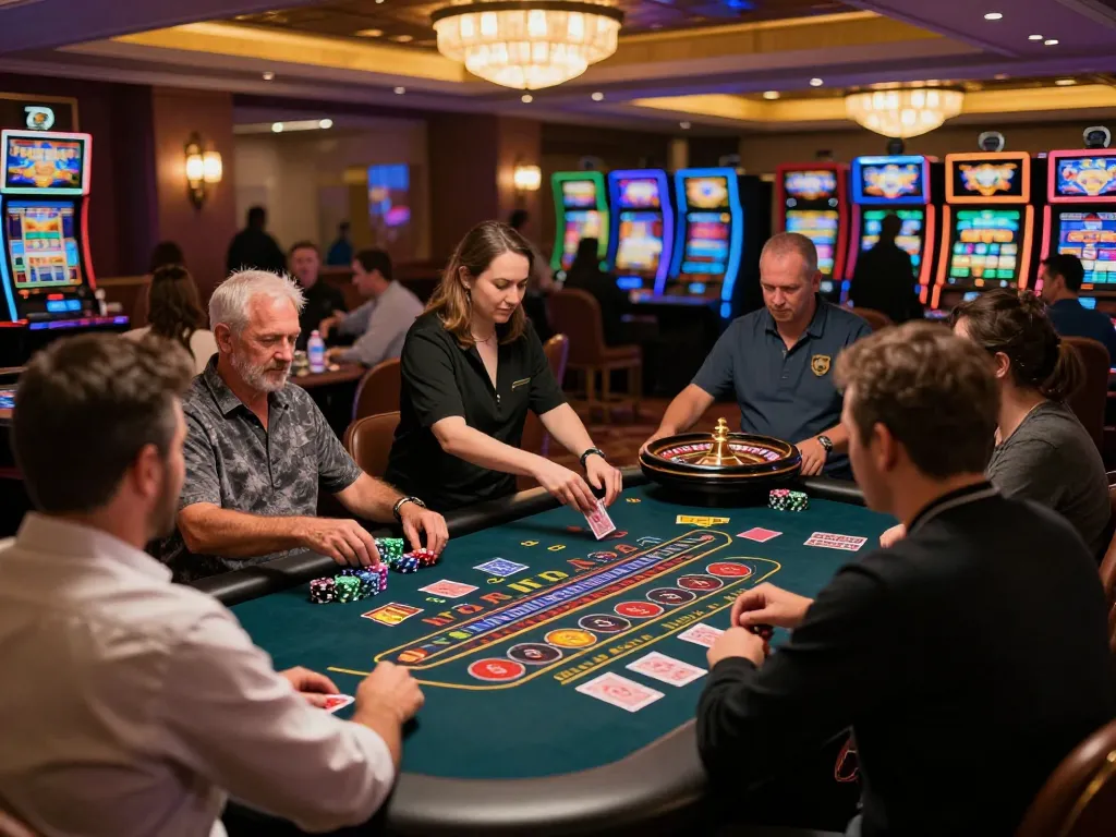 Players enjoy thrilling games at NK88 casino, capturing the excitement of roulette and blackjack.