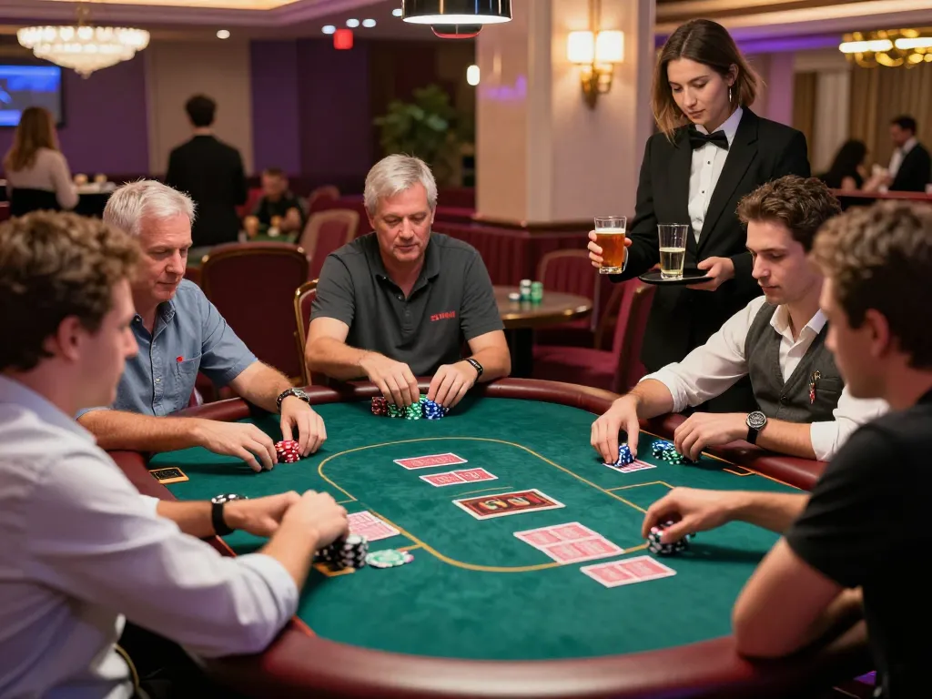 Nhà Cái 32win players enjoying a lively poker game in a vibrant, luxurious casino environment.
