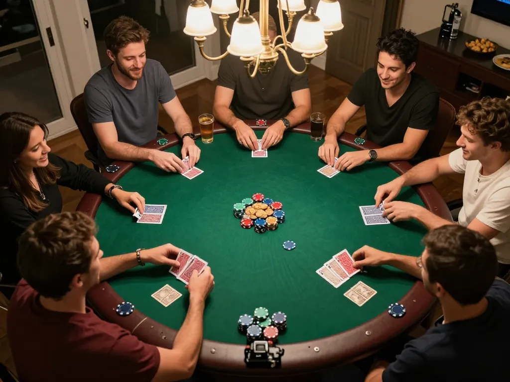 Pemain terlibat dalam suasana poker rumah yang meriah selama malam login dasi4d, menunjukkan permainan strategis dan kompetisi yang bersahabat.